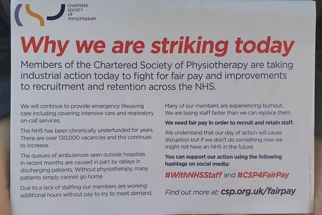 Strikers outlined why they were taking the action on posters at the strike