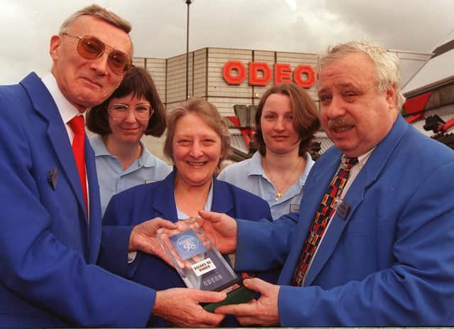 Mr Dennis O"Grady of the Odeon  Arundel gate, Assistant Manager Richard Isaac, Fay Topham, Debbie Boulding, Carol Goddard and  Phil Westhead, Manager Odeon, Arundel gate with their customer services 'Oscar' in 1998