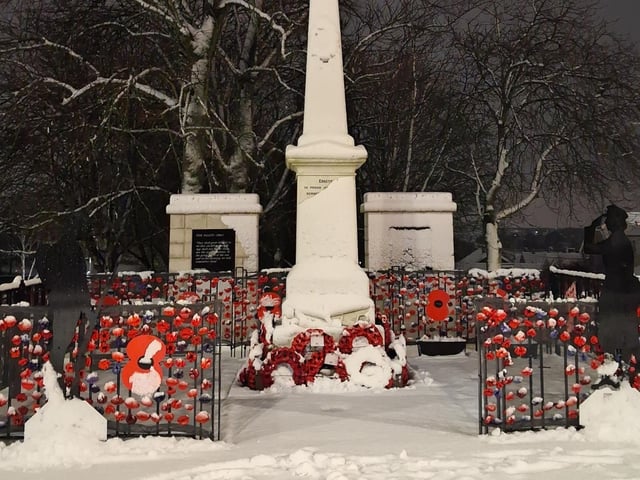 The snow made the poppies at Eastwood War Memorial stand out even more strikingly and poignantly.