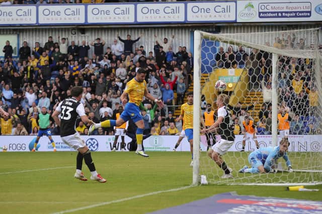Stephen McLaughlin puts Stags ahead during the Sky Bet League 1 match against Exeter City FC at the One Call Stadium, 03 May 2025, Photo credit Chris & Jeanette Holloway / The Bigger Picture.media