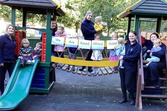 Staff and children at Cherubs Pleasley celebrate the good Ofsted report.