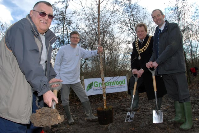 Members of The Friends of Greenwood Community Forum planted 15 trees in 2011, including Tulip, Turkey Oak and Crabapple at Huthwaite Brierley Forest Park on Monday to mark the 10th anniversary of the group. Pictured from the left are; Forum Chairman Colin Barson, Project Manager Malcolm Hackett, Ashfield District Council Chairman Coun. Mick Parker and Notts County Council Cabinet Member for the Enviroment, Coun. Richard Butler.