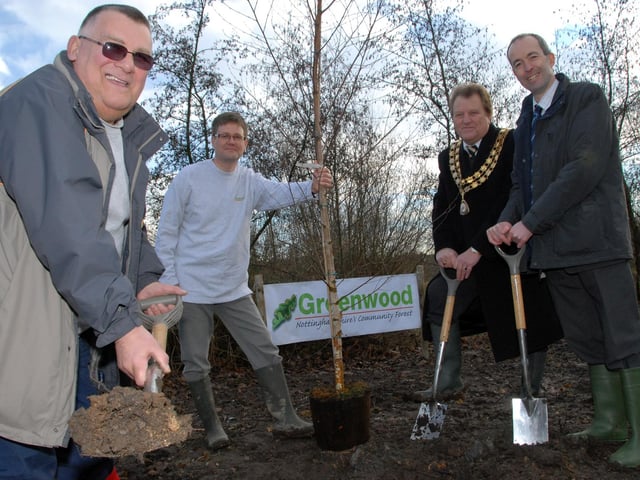 Members of The Friends of Greenwood Community Forum planted 15 trees in 2011, including Tulip, Turkey Oak and Crabapple at Huthwaite Brierley Forest Park on Monday to mark the 10th anniversary of the group. Pictured from the left are; Forum Chairman Colin Barson, Project Manager Malcolm Hackett, Ashfield District Council Chairman Coun. Mick Parker and Notts County Council Cabinet Member for the Enviroment, Coun. Richard Butler.