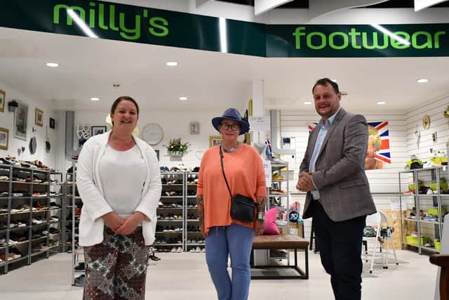 Coun Jason Zadrozny and Coun Samantha Deakin visited Idlewells Indoor Market to officially welcome Milly’s Footwear on their first day of trading
