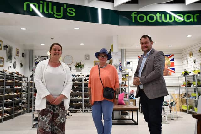 Coun Jason Zadrozny and Coun Samantha Deakin visited Idlewells Indoor Market to officially welcome Milly’s Footwear on their first day of trading
