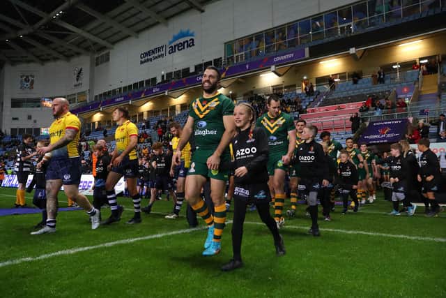 Australia and Scotland walk out at Coventry in the 2021 Rugby League World Cup.