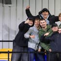 Travelling Mansfield Town fans during the Sky Bet League One match against AFC Wimbledon at Stadium Plough Lane.