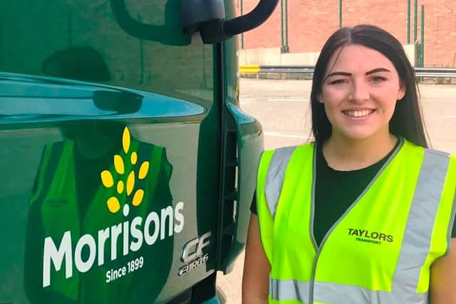 Charity hero Lauren Warner, of Taylor's, taking delivery of Rotary4foodbanks stock from Morrisons.