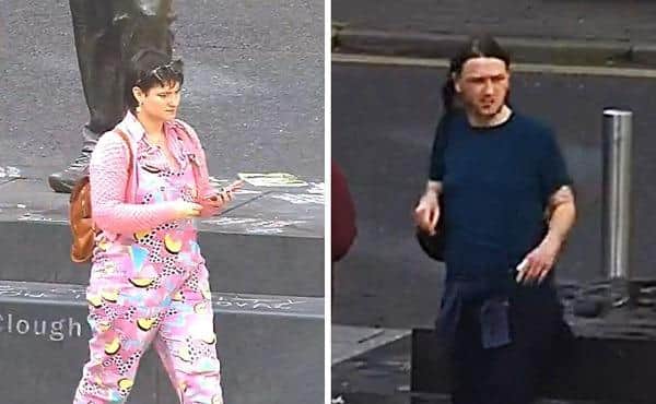 Police have issued images of two people they would like to trace after Nottingham’s Brian Clough statue was vandalised with chalk. Image: Notts Police.
