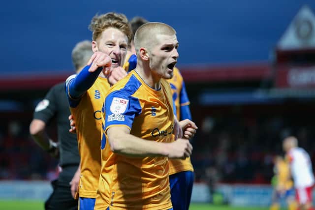 Ryan Stirk celebrates scoring the winner for Stags at Stevenage last season.