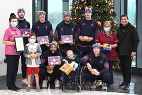 Mansfield Town players visiting staff and patients in King's Mill Hospital.