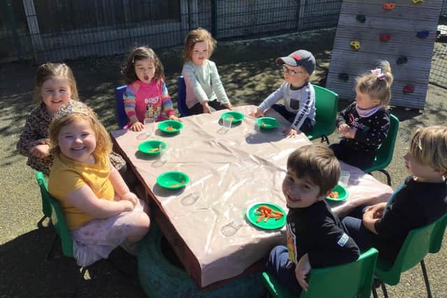 The children at Cherubs Edwinstowe enjoy eating their meals outside