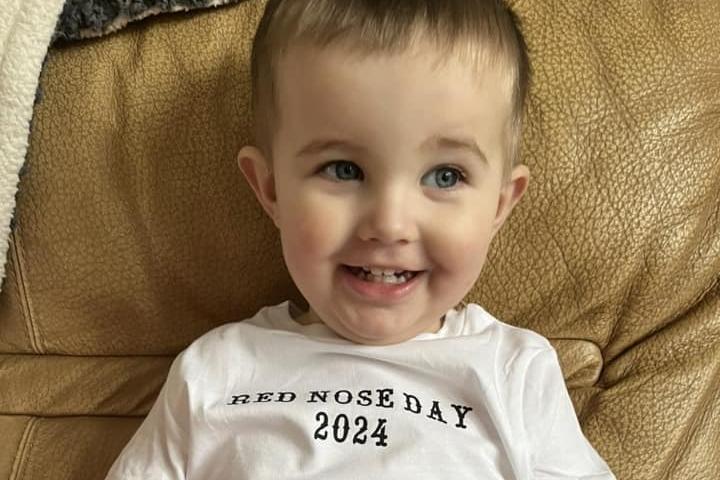 Chloe's little boy Milo, modelling a Red Nose Day shirt.