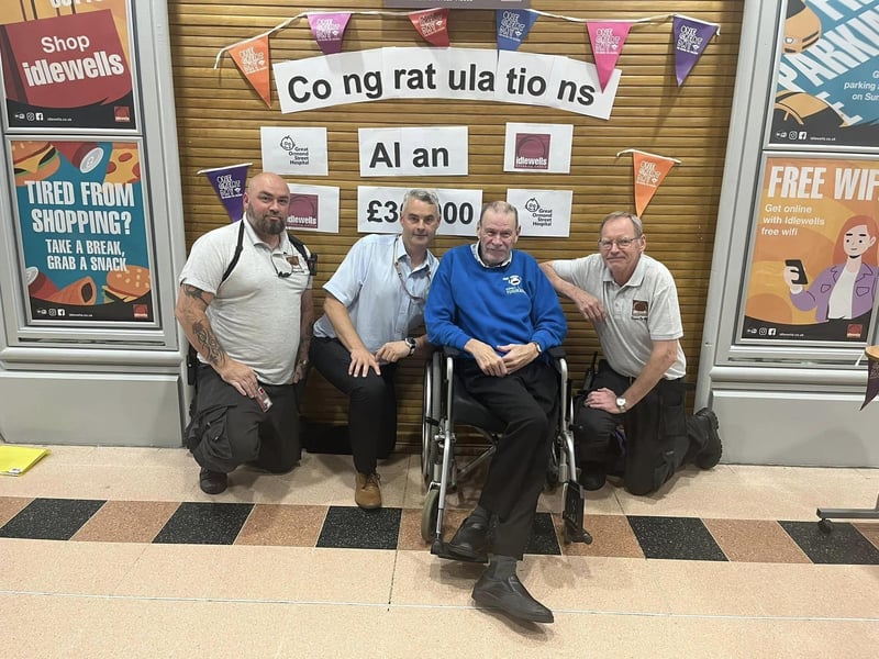 Here is Alan, a well-known shopping centre fundraiser, pictured alongside staff at Idlewells Shopping Centre.
