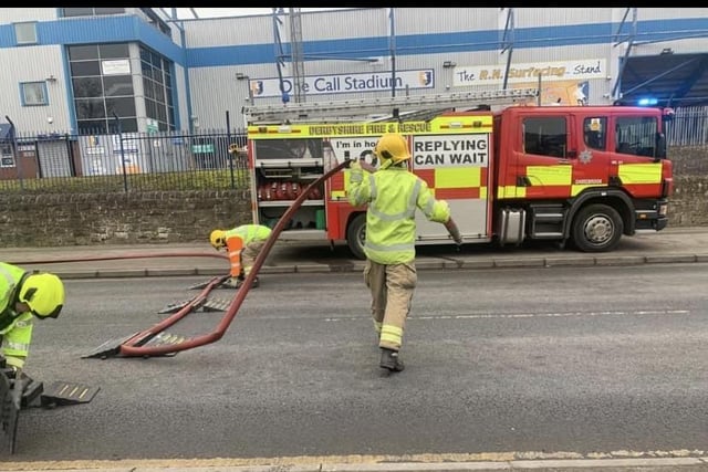 Firefighters were tasked with pumping water from nearby Field Mill Pond, across Quarry Lane, to fight the 'fire' at the stadium.