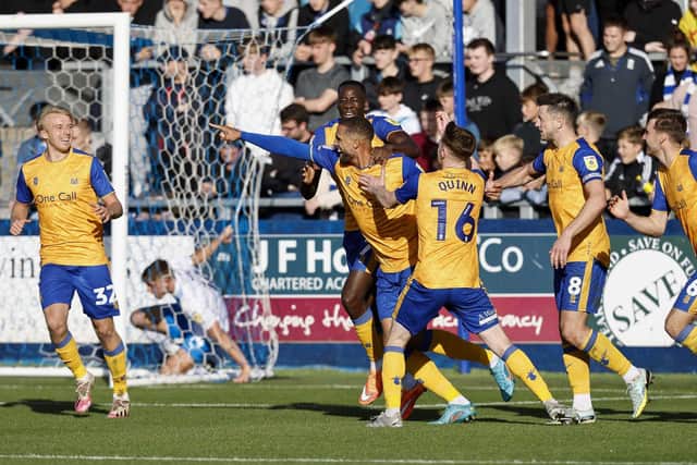Stags celebrate their winner at Barrow. Photo by Chris Holloway / The Bigger Picture.media