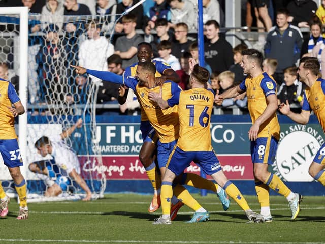Stags celebrate their winner at Barrow. Photo by Chris Holloway / The Bigger Picture.media