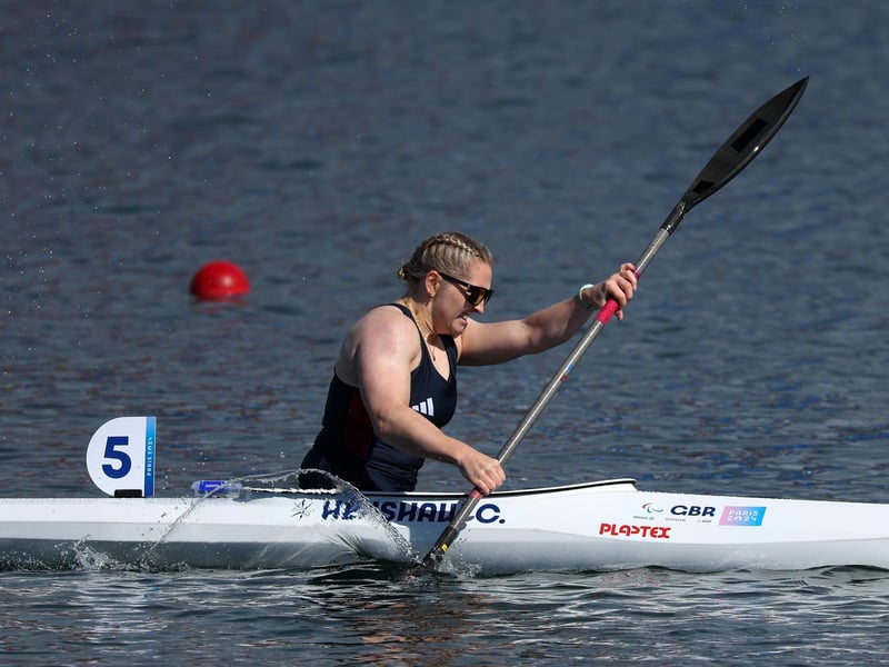 Charlotte Henshaw on her way to victory in the Women's Kayak Single 200m KL2 heats.