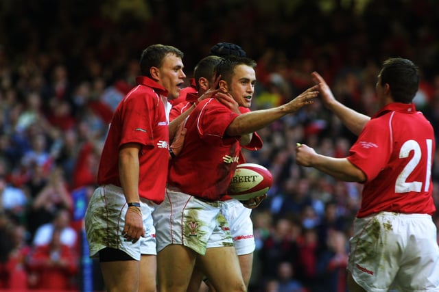 Rhys Williams celebrates scoring Wales’ only try of the game. Stephen Jones converted to put the Welsh 16-15 ahead early in the second half.