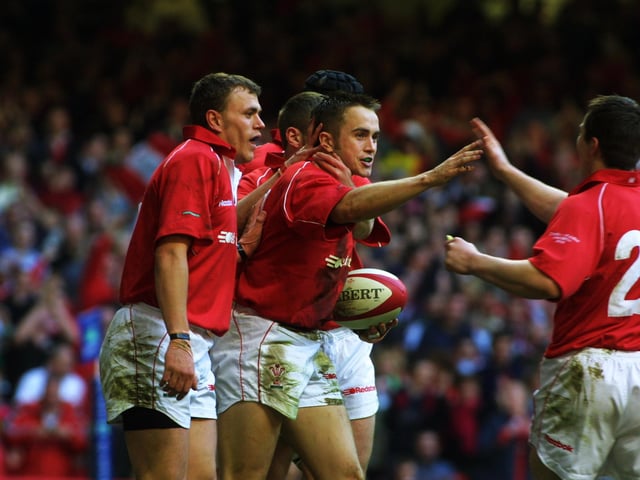 Rhys Williams celebrates scoring Wales’ only try of the game. Stephen Jones converted to put the Welsh 16-15 ahead early in the second half.