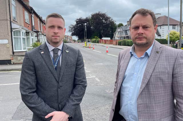 Councillors Dale Grounds and Jason Zadrozny on Kingsway, Kirkby-in-Ashfield.