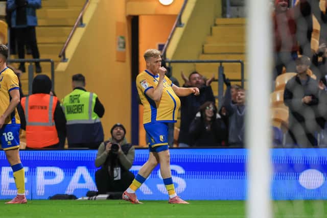 Will Evans celebrates during the Sky Bet League 1 match against Plymouth Argyle FC at the One Call Stadium, 28 Oct 2025, Photo credit Chris & Jeanette Holloway / The Bigger Picture.media