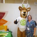 Jo Sanders, Partnerships and Promotions Lead for Nottinghamshire Mind, pictured alongside the Mansfield Building Society mascot.