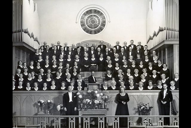 The Portsmouth Glee Club, with soloists Frederick Harvey and Olive Groves and musical director and founder Harold Hall (far right at the front) in Copnor Methodist Church during the Second World War