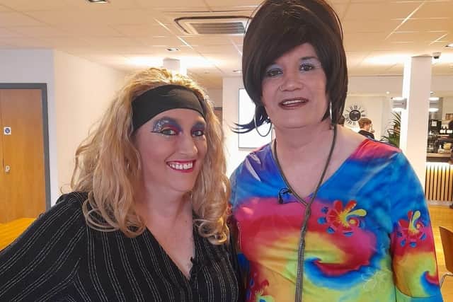 Drag queen Zandra Pepper (right) and show compere Glittery Gin.