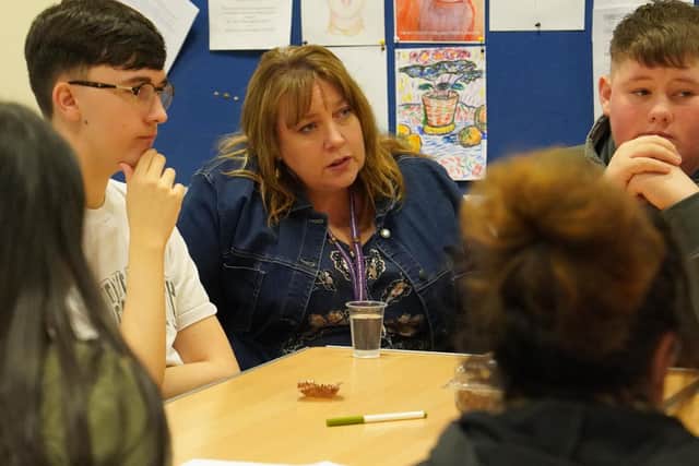 Caroline Henry, Nottinghamshire police and crime commissioner, centre, meets members of the youth commission.
