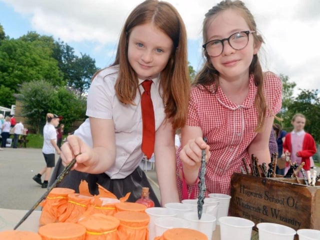 Serving up some Hogwarts magic in 2019 at Prior Academy in Eastwood's summer fair are Eleanor Allcock and Layla Ellicock.