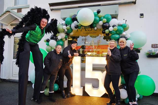Celebrating 15 years of Taste sandwich shop in Kirkby are Sean Luke from platinum events, Kerrie Stewart, Tracy Brown, Fiona Fillingham (owner) and Jill Clarke
