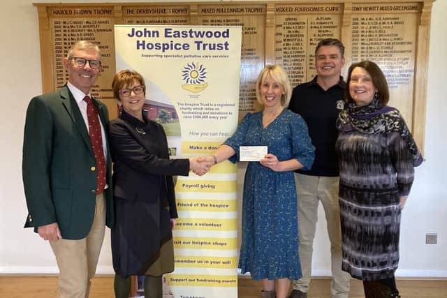 Phil Revill and Chez Abraham, 2022 captains at Sherwood Forest Golf Club, present a cheque for £11,000 to Lisa Todd (centre), fundraising manager at the John Eastwood Hospice. To the right are the club's vice-captains, James Akerman and Di Speed.