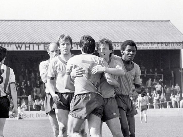 Mansfield celebrate scoring against Rochdale.