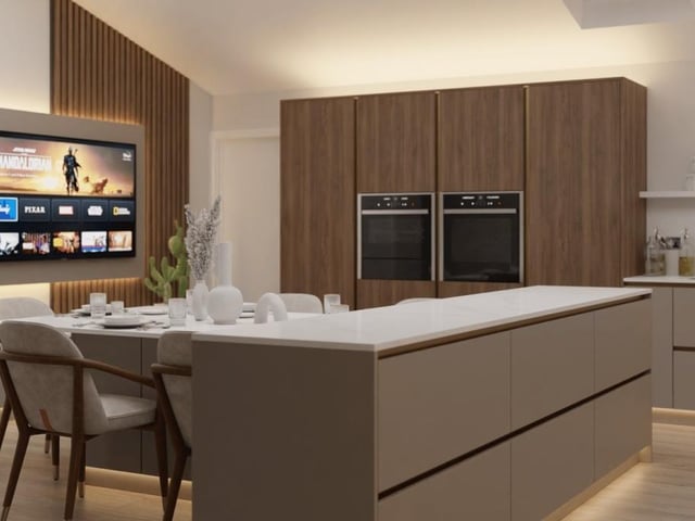 A second shot of the sleek and stylish dining kitchen,