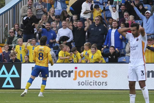 Aaron Lewis scores late during the Sky Bet League 1 match against Shrewsbury Town FC at the One Call Stadium, 21 Sept 2024, Photo credit Chris & Jeanette Holloway / The Bigger Picture.media