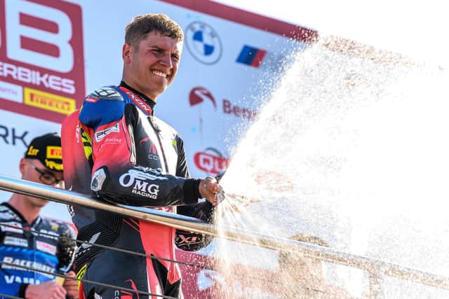 Kyle Ryde celebrates a podium finish at Donington Park. Photo by Michael Hallam.