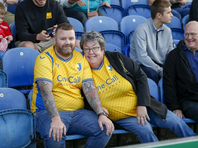 Mansfield Town fans ahead of the win over Grimsby Town on 8th Aug 2023.