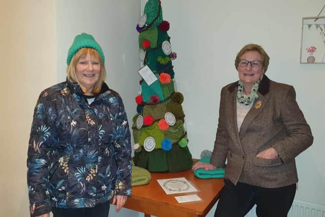 Members of Mansfield Marians WI have created a Christmas Tree out of green woolly hats