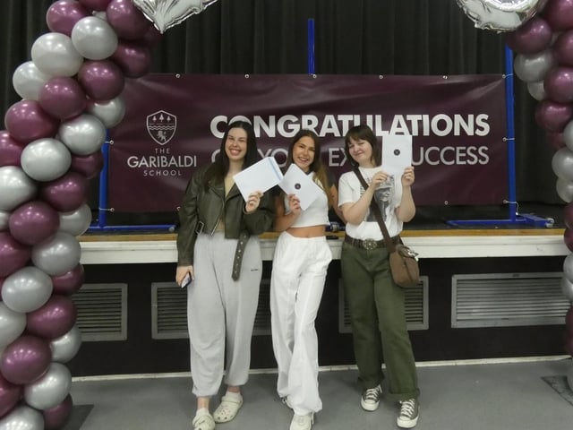 Garibaldi pupils with their A Level results envelopes.