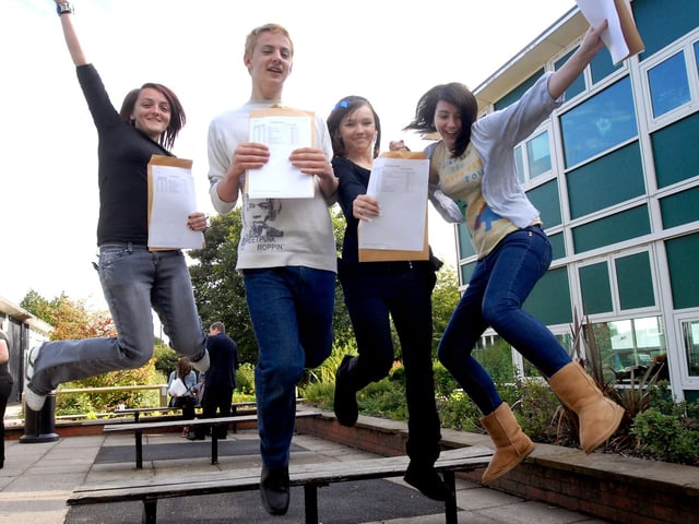 Pupils from Samworth celebrate their great GCSE results. 2009. Gemma North,Jordan Taylor, Roseanne Stevenson, and Shona Blandford.