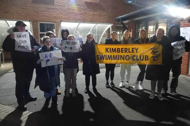 Members of Kimberley Swimming Club demonstrate outside Broxtowe Council ahead of a decision to close the leisure centre. Photo: Other