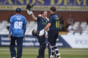 Ed Pollock and Michael Burgess celebrate Warwickshire's win over Derbyshire in the Royal London Cup. (Photo by Tony Marshall/Getty Images)