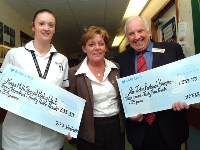 JTF Wholesale presented cheques to the Neonatal Intensive Care Unit at Kings Mill Hospital and John Eastwood Hospice. The money was raised at a fun day at JTF Wholesale Mansfield. Pictured (left to right) are: Gail Williams, Deputy Ward Leader at the NICU, Sue Taylor, Sales Manager at JTF Wholesale Mansfield, Brian George, Trustee, John Eastwood Hospice.