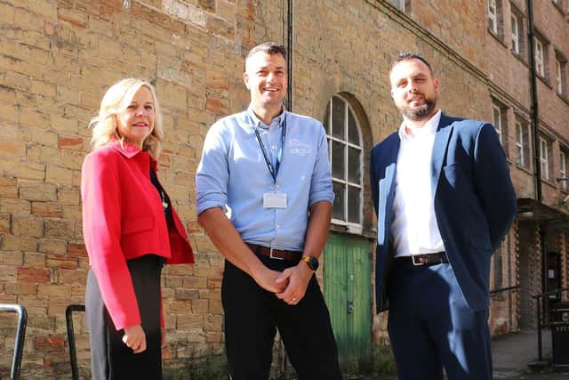Left to right vice principal Diane Booth, apprenticeship manager Paul Stringer & Johnathan Price at the Pleasley Mills site