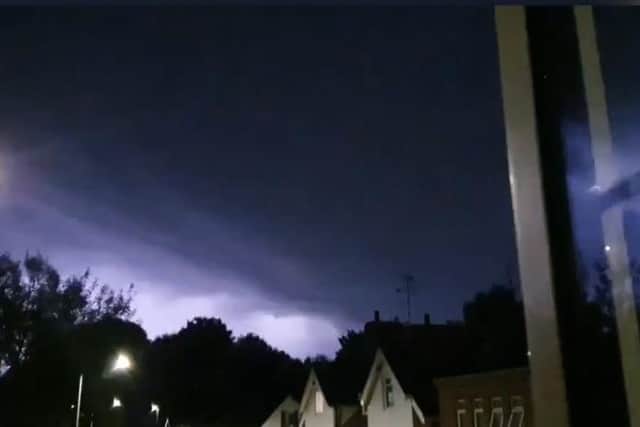 A still image from a video of lightning in Pleasley, by Sara-Lee Burton.