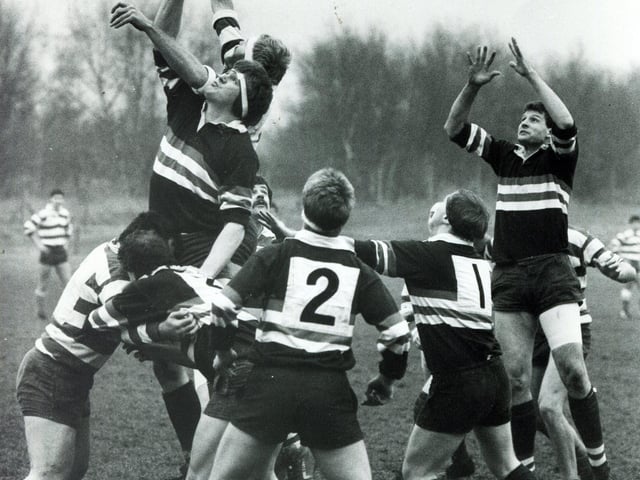 Doncaster RUFC make a bid for the ball from a line-out during their game at home against Mansfield in January 1987.