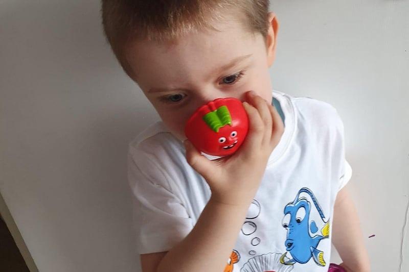 Harley in his Red Nose Day top and red nose in 2021