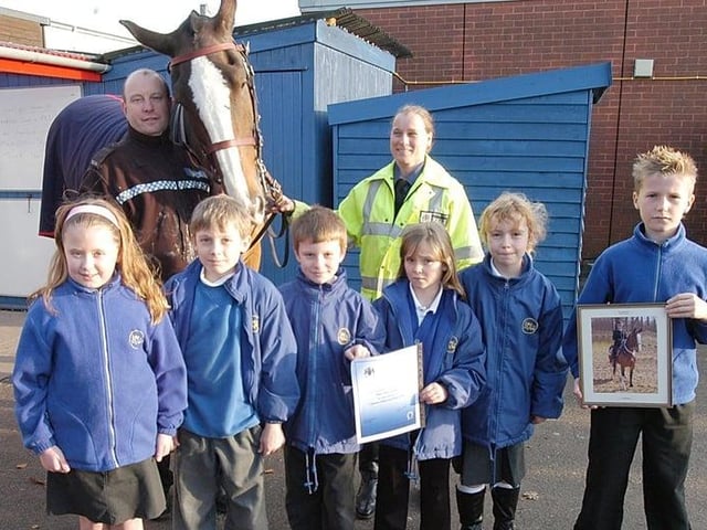 Pupils at Lake View Primary School at Rainworth had a very special visitor in 2006 when police horse Lionheart arrived from police headquarters at Sherwood Lodge with groom Vanya Heath and PC Trevor Ward. The school adopted Lionheart as part of a police liaison project and pictured with him are pupils, from left, Rachel Faulks, Jack Matkin, Adam Timms, Zoe Bithell, Emily Holford and Chris Allen.