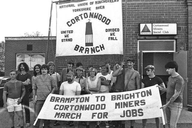 Striking miners from Cortonwood Colliery leaving for the TUC conference in Brighton, in August 1984.